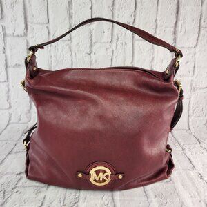 Michael Kors Burgundy Stockard Leather Large Shoulder Bag Cinnabar Gold Hardware